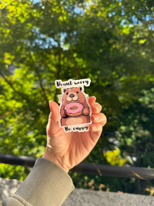 Donut worry, be cappy waterproof capybara sticker